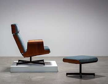 Pierre Guariche teak plywood Helsinki armchair with ottoman 1960