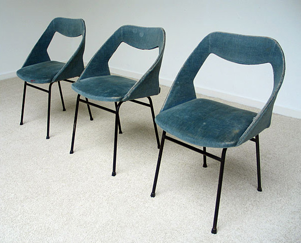 3 chairs in blue velvet Joseph-Andre Motte for Steiner