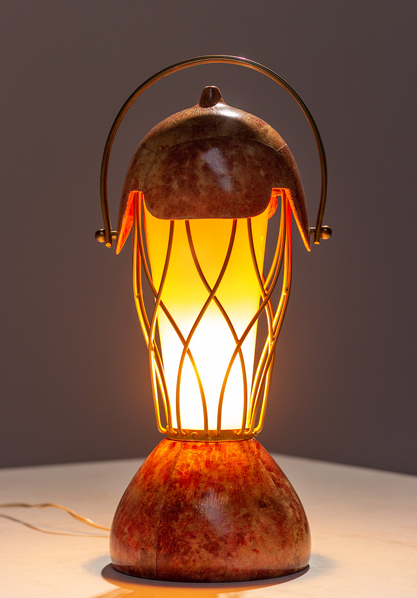 Aldo Tura parchment goatskin table lamp with brass cage 1950s img 5