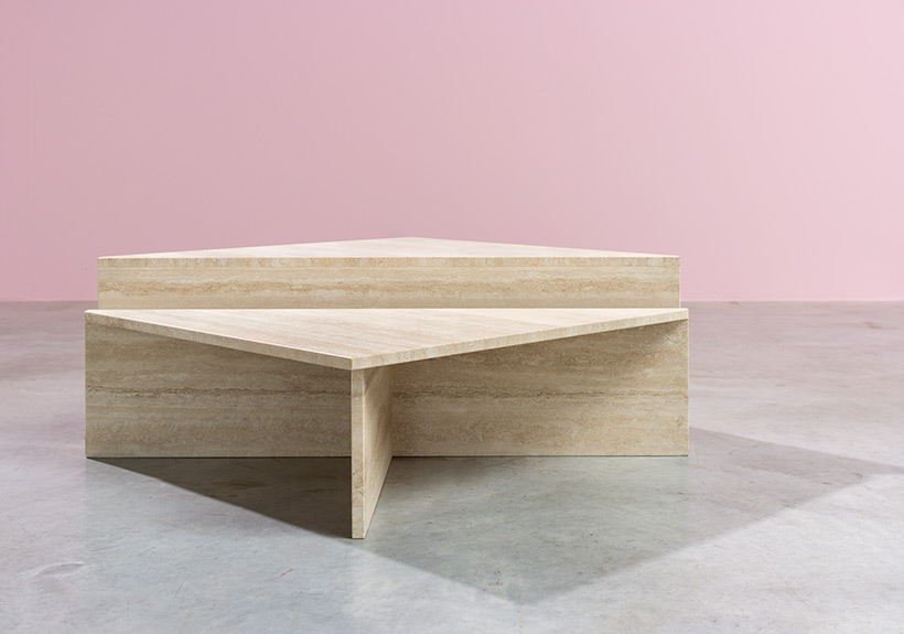 Architectural 20th century postmodern triangular low travertine tables by UP UP img 3
