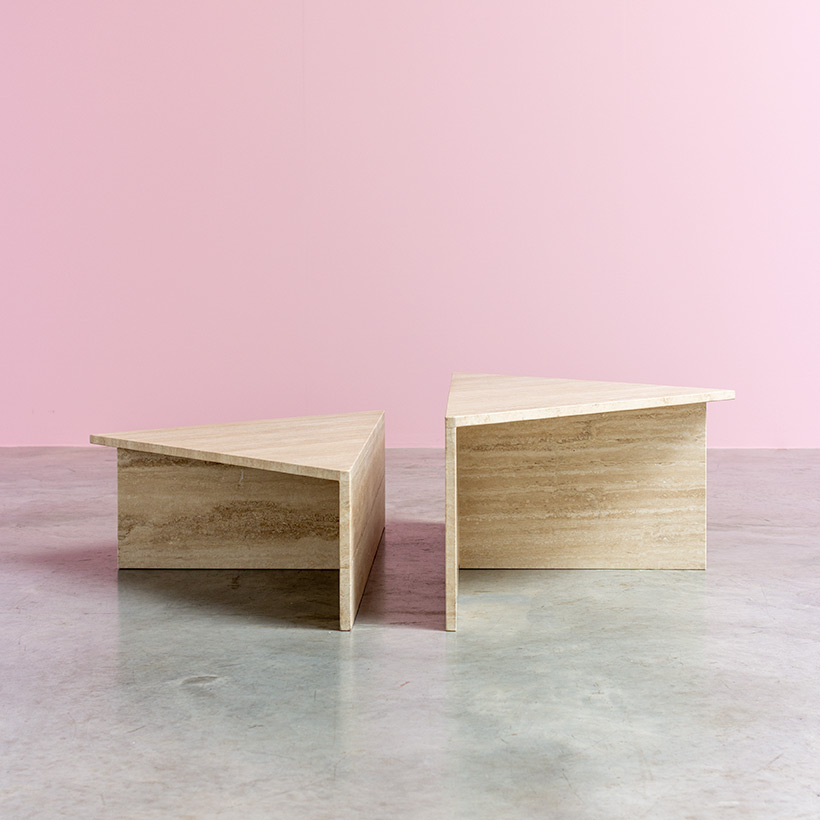 Architectural 20th century postmodern triangular low travertine tables by UP UP img 7