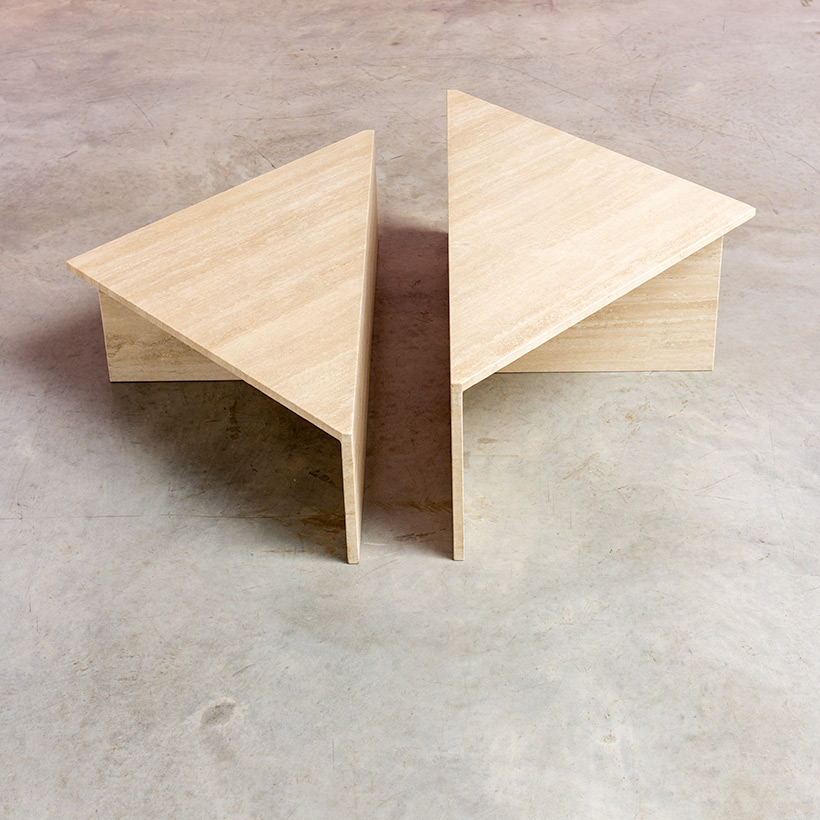 Architectural 20th century postmodern triangular low travertine tables by UP UP img 8