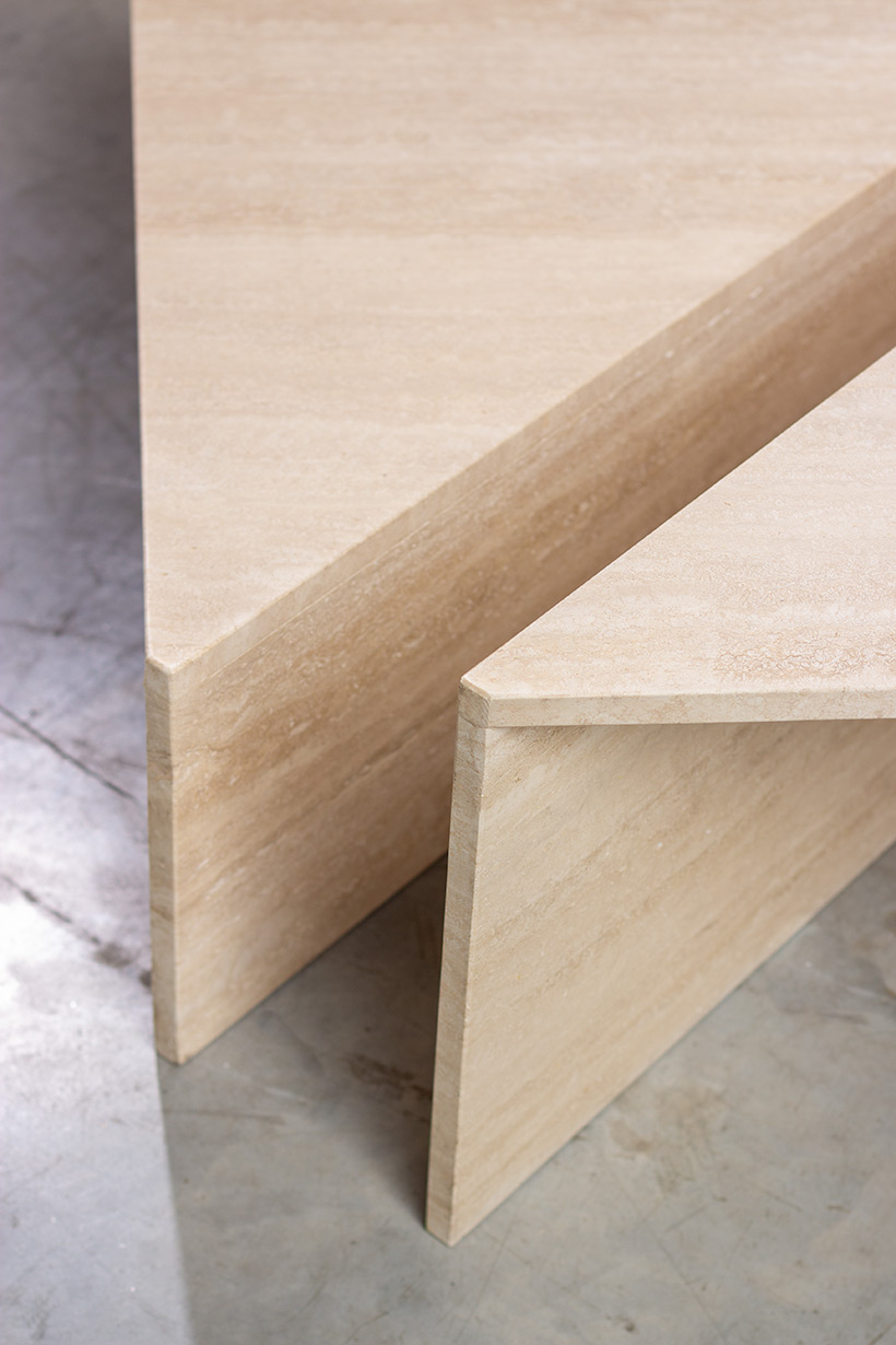 Architectural 20th century postmodern triangular low travertine tables by UP UP img 9