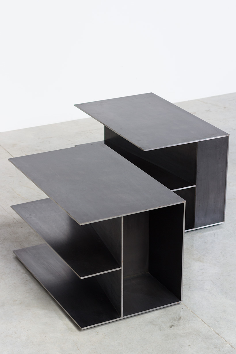 Claire Bataille pair plain steel side tables circa 1985 img 5