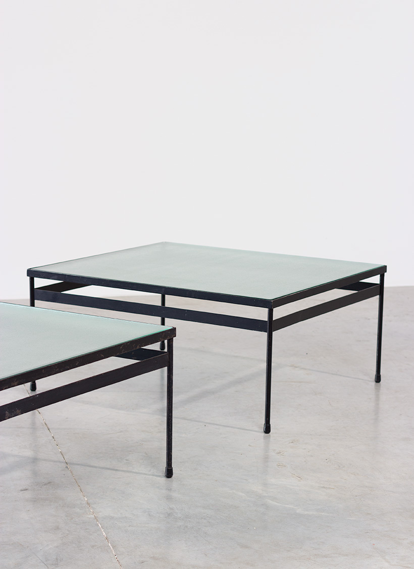 Pair iron and textured dalle de verre coffee tables circa 1950