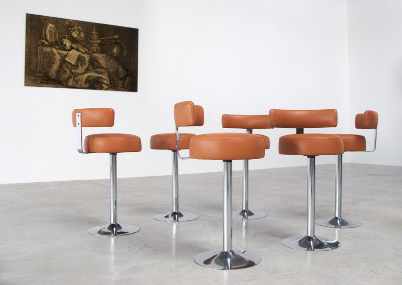 Set of 6 Chrome Bar Stools in Cognac Leather