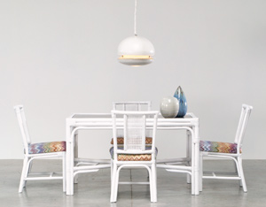 White Rattan dinning chairs and table Missoni Fabric