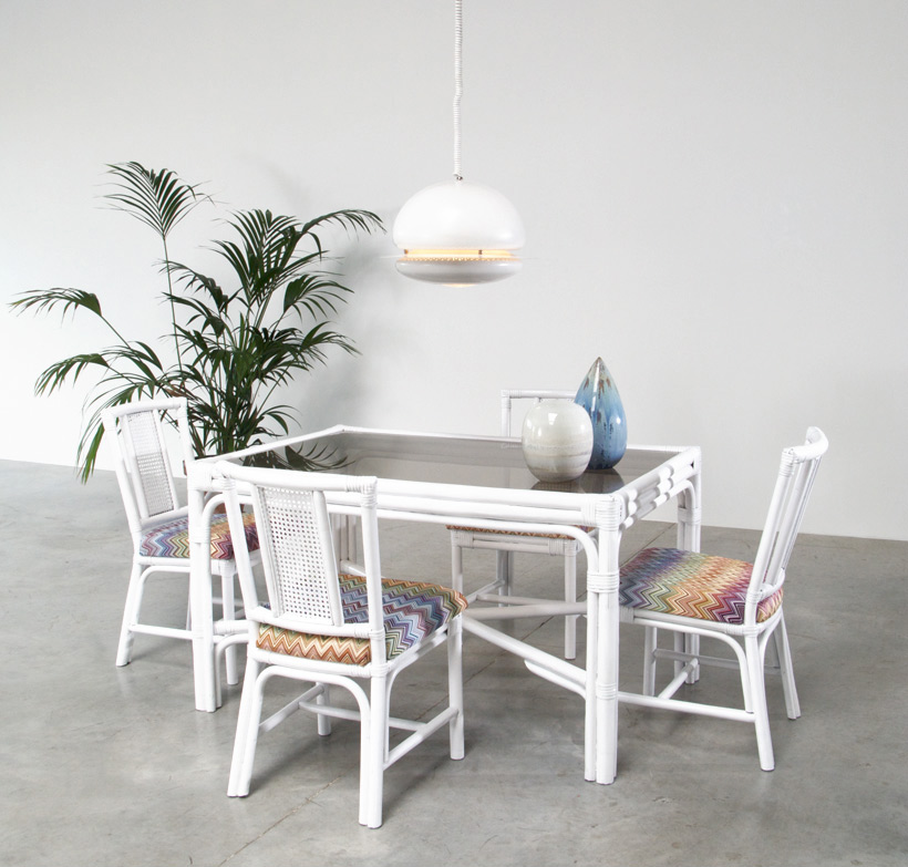 White Rattan dinning chairs and table Missoni Fabric