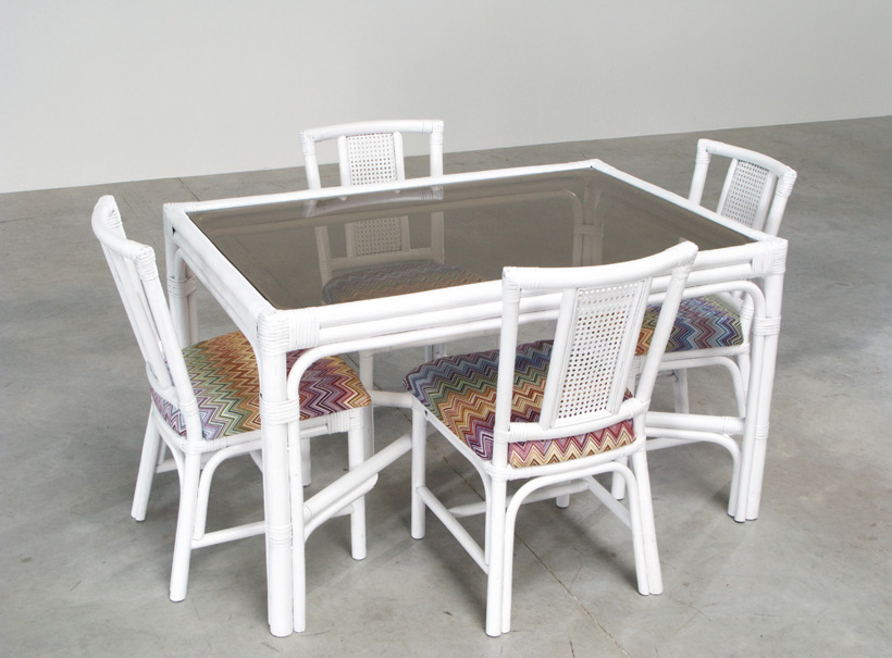 White Rattan dinning chairs and table Missoni Fabric img 3