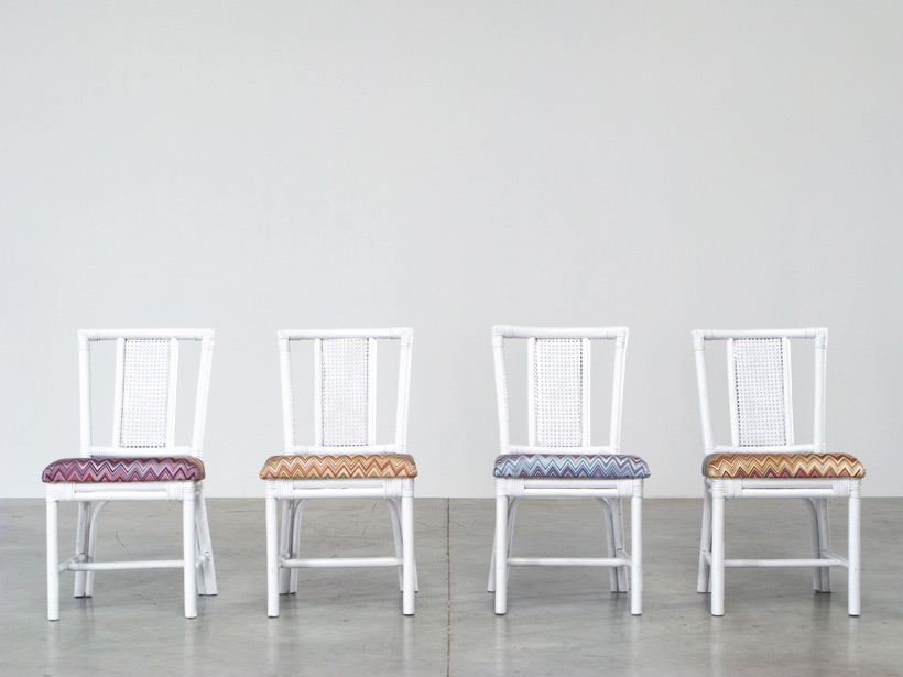 White Rattan dinning chairs and table Missoni Fabric img 5