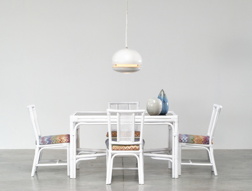 White Rattan dinning chairs and table Missoni Fabric img 7