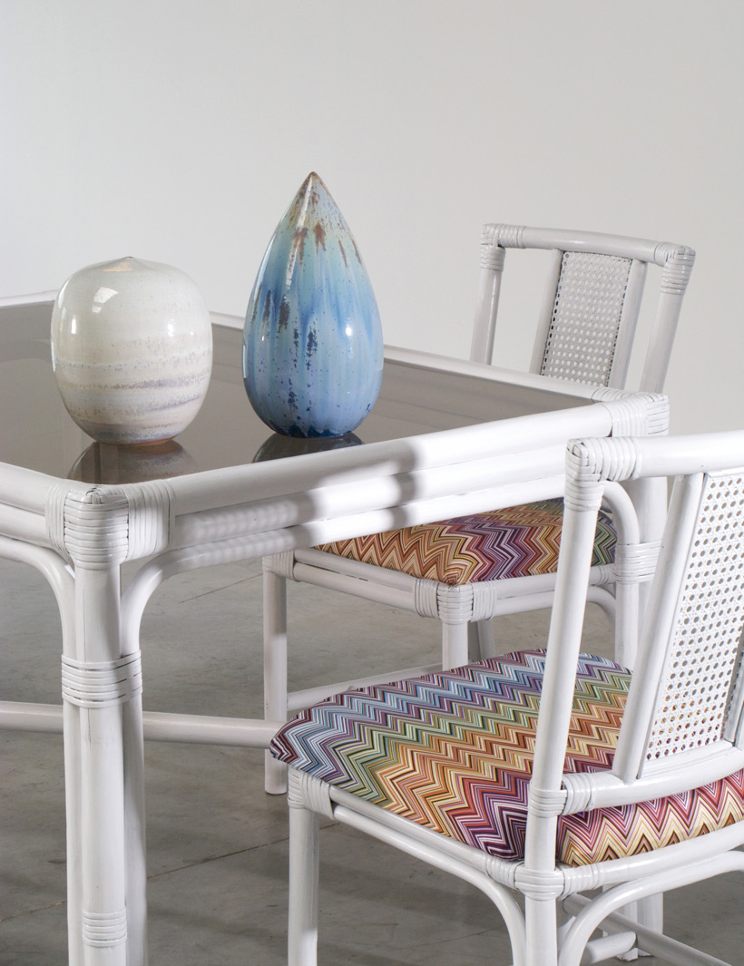 White Rattan dinning chairs and table Missoni Fabric img 8