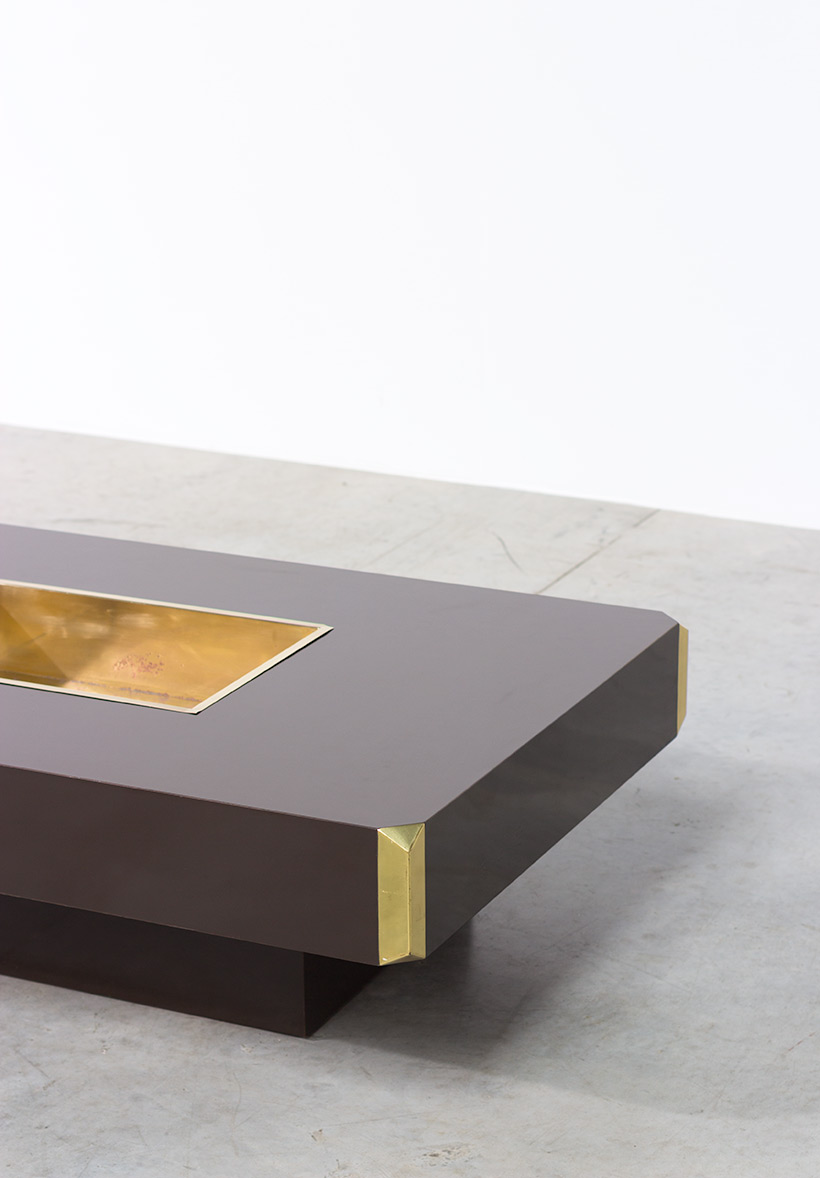 Willy Rizzo Alveo brown and brass Coffee Cocktail Table 1970 img 3