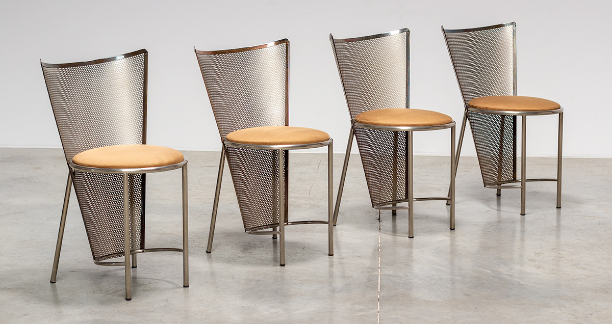 Set of four Sevilla chairs designed by Frans Van Praet for Belgo Chrom, Belgium 1992. The chairs where designed for the Belgian Pavilion in Sevilla Spain '92 world expo. Steel perforated back structure. New upholstered seat in light brown Alcantara suede upholstery.